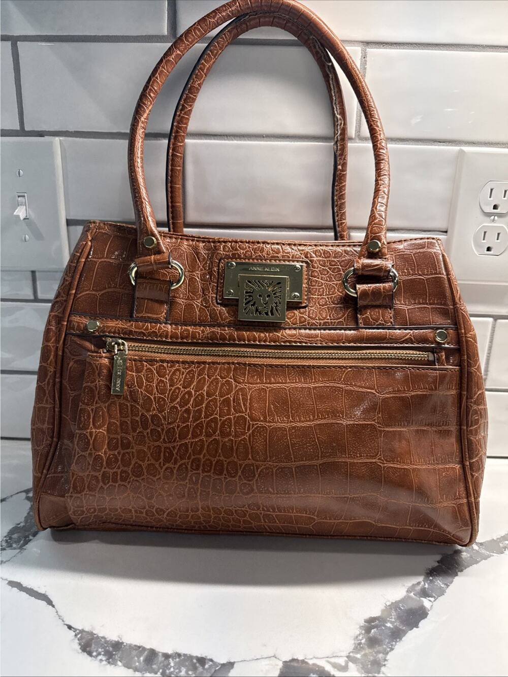 Anne Klein Brown Faux Crocodile Women’s Handbag/Purse Gold tone Hardware
